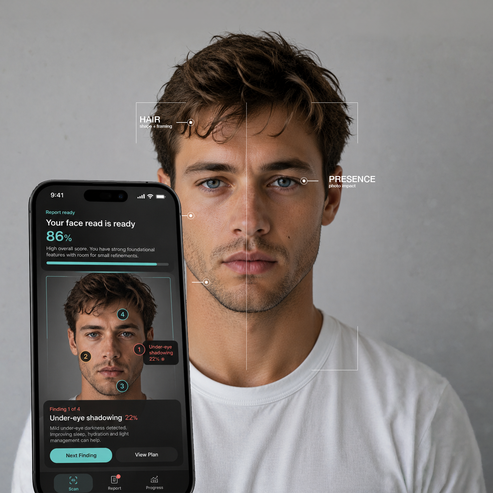GlowReport face analysis hero portrait with scan markers