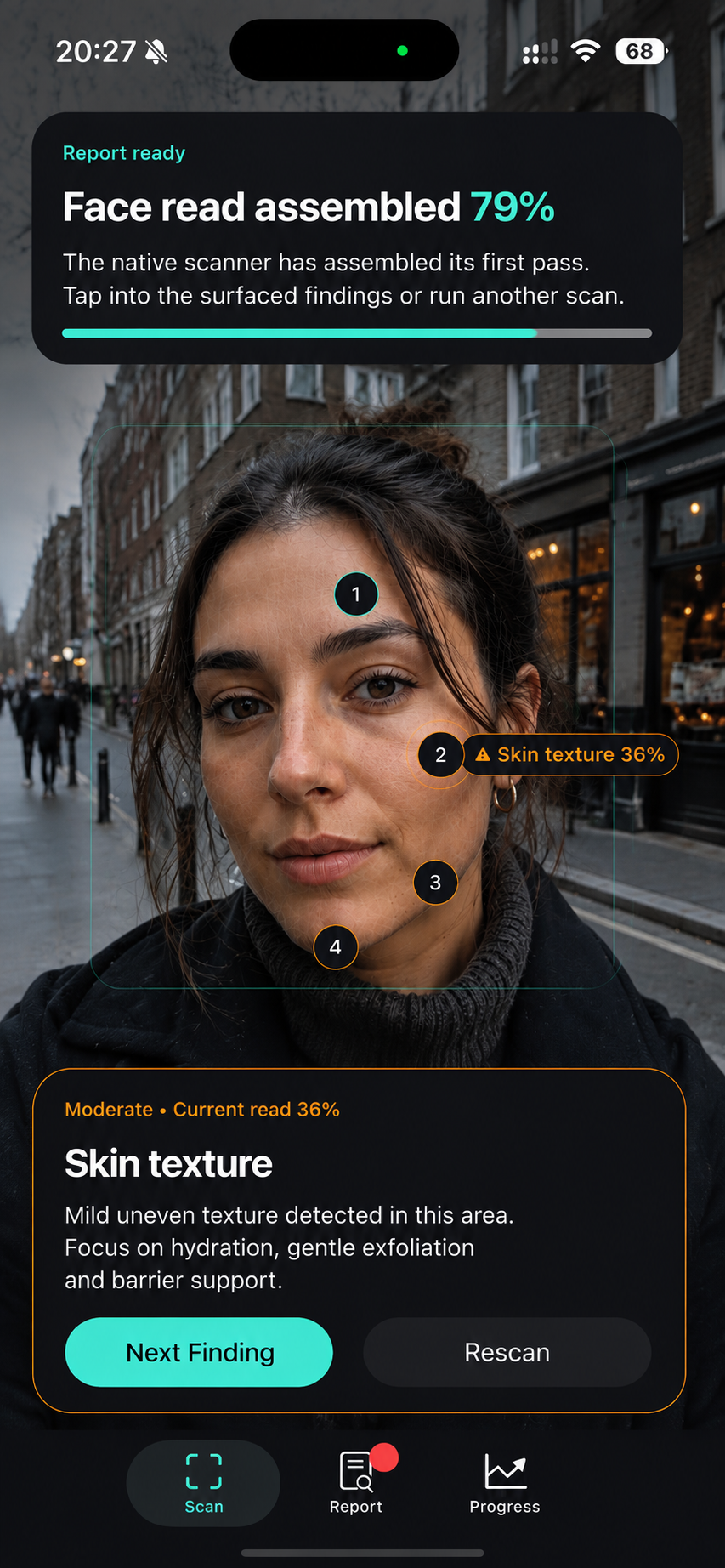 GlowReport scan highlighting skin texture on a live face scan.