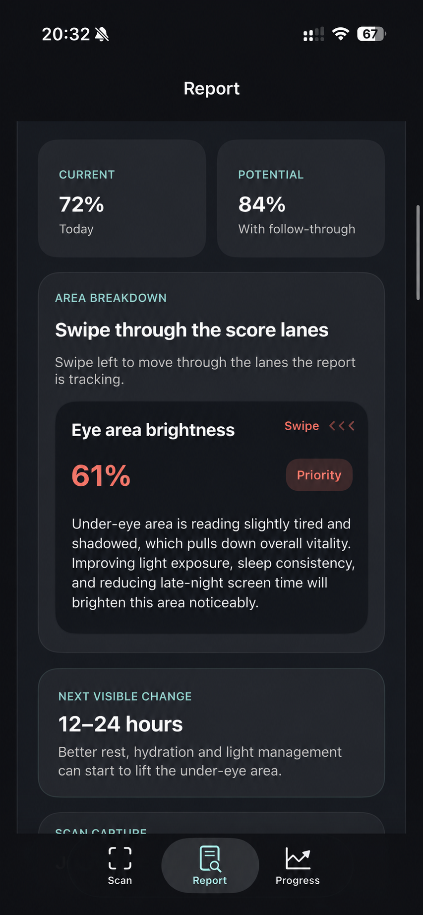GlowReport report screen showing area breakdown and next visible change.
